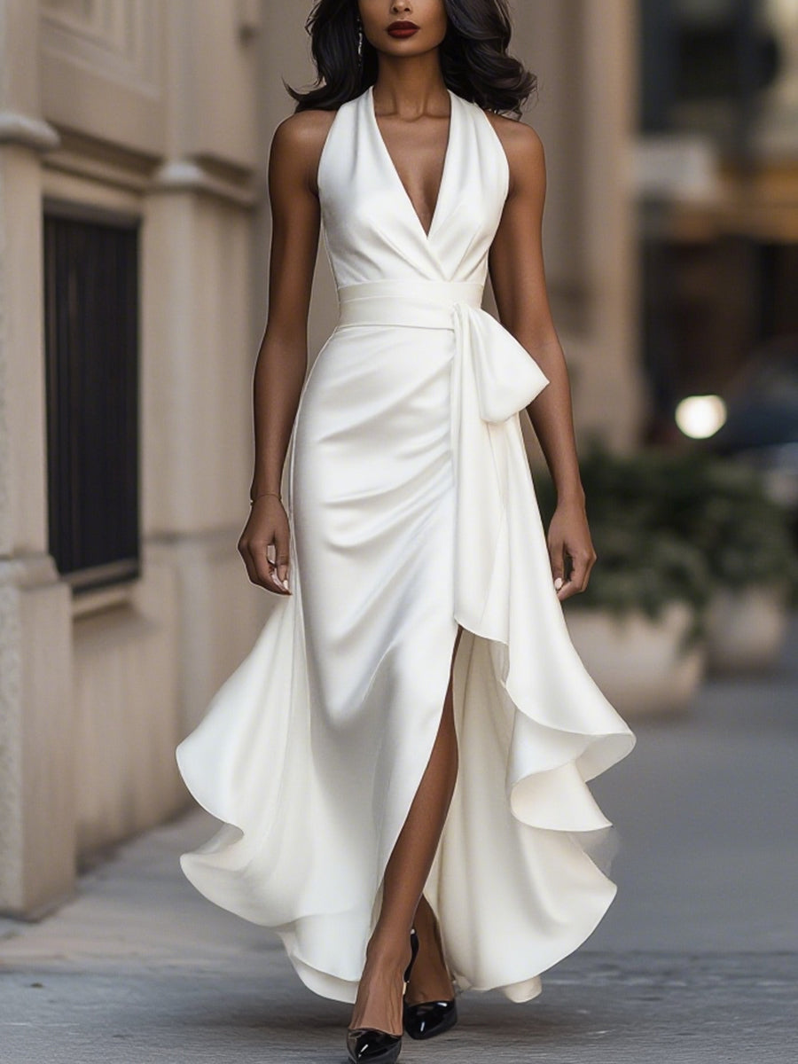 Gloria | Vestido Largo de Satén con Escote Halter y Volantes