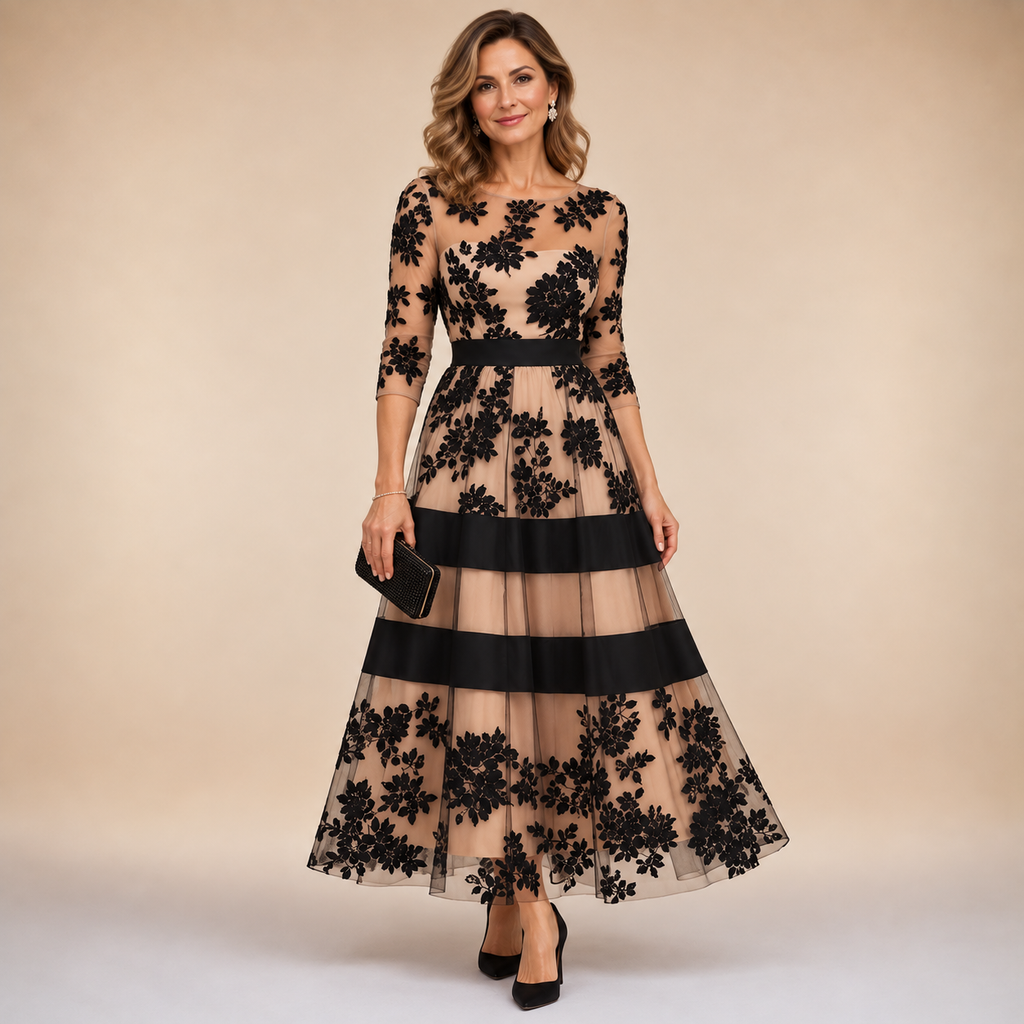 ADELINE | Robe midi de soirée en dentelle florale