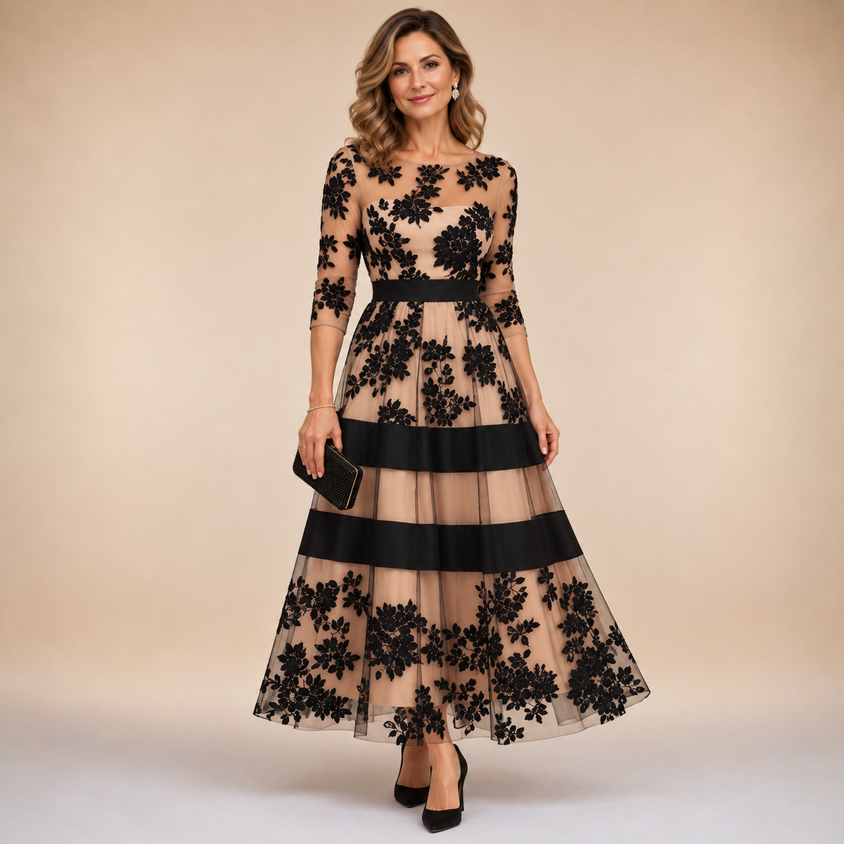ADELINE | Robe midi de soirée en dentelle florale