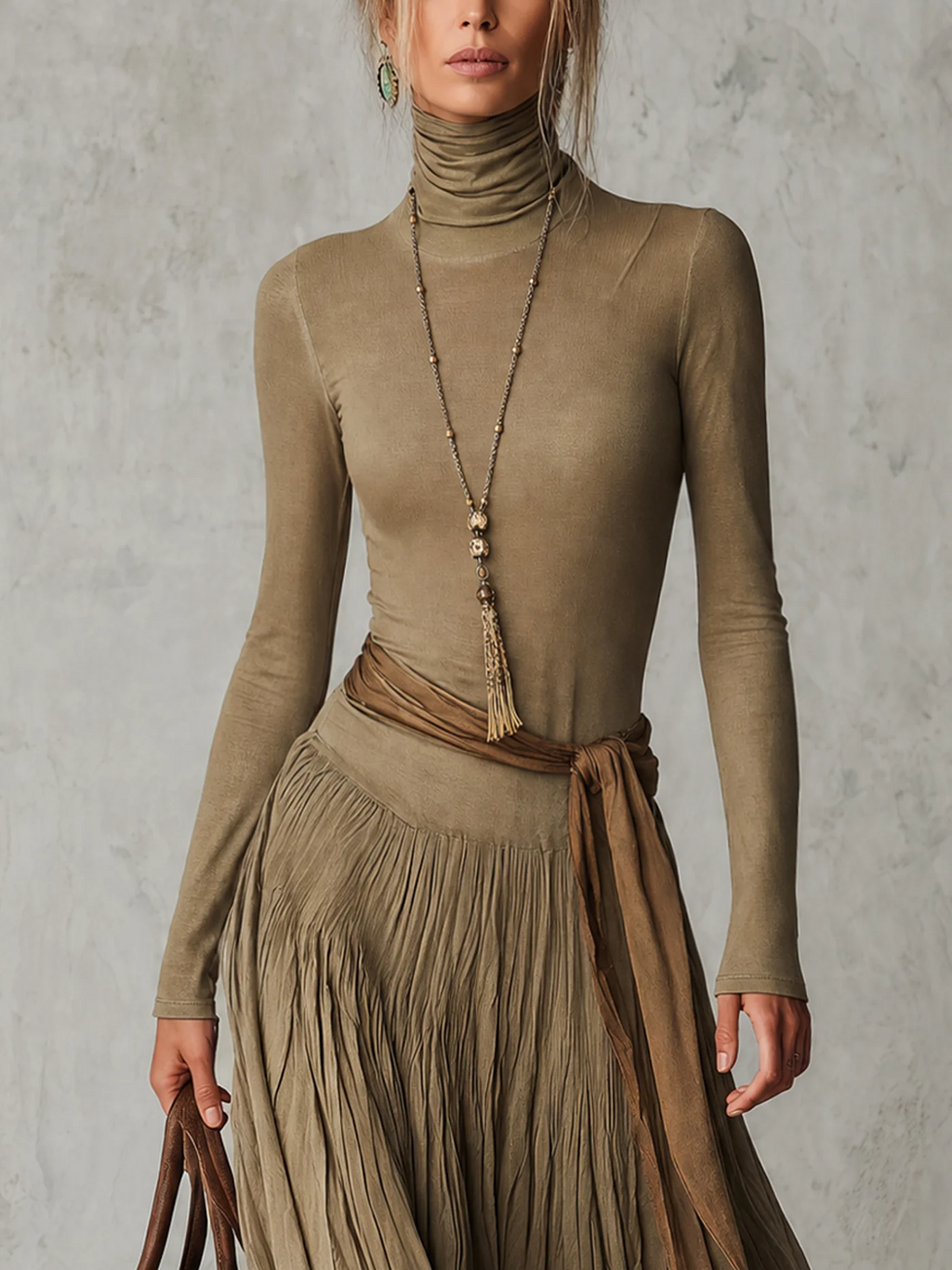 JÚLIA | Robe maxi plissée élégante à col roulé, manches longues et nœud à la taille