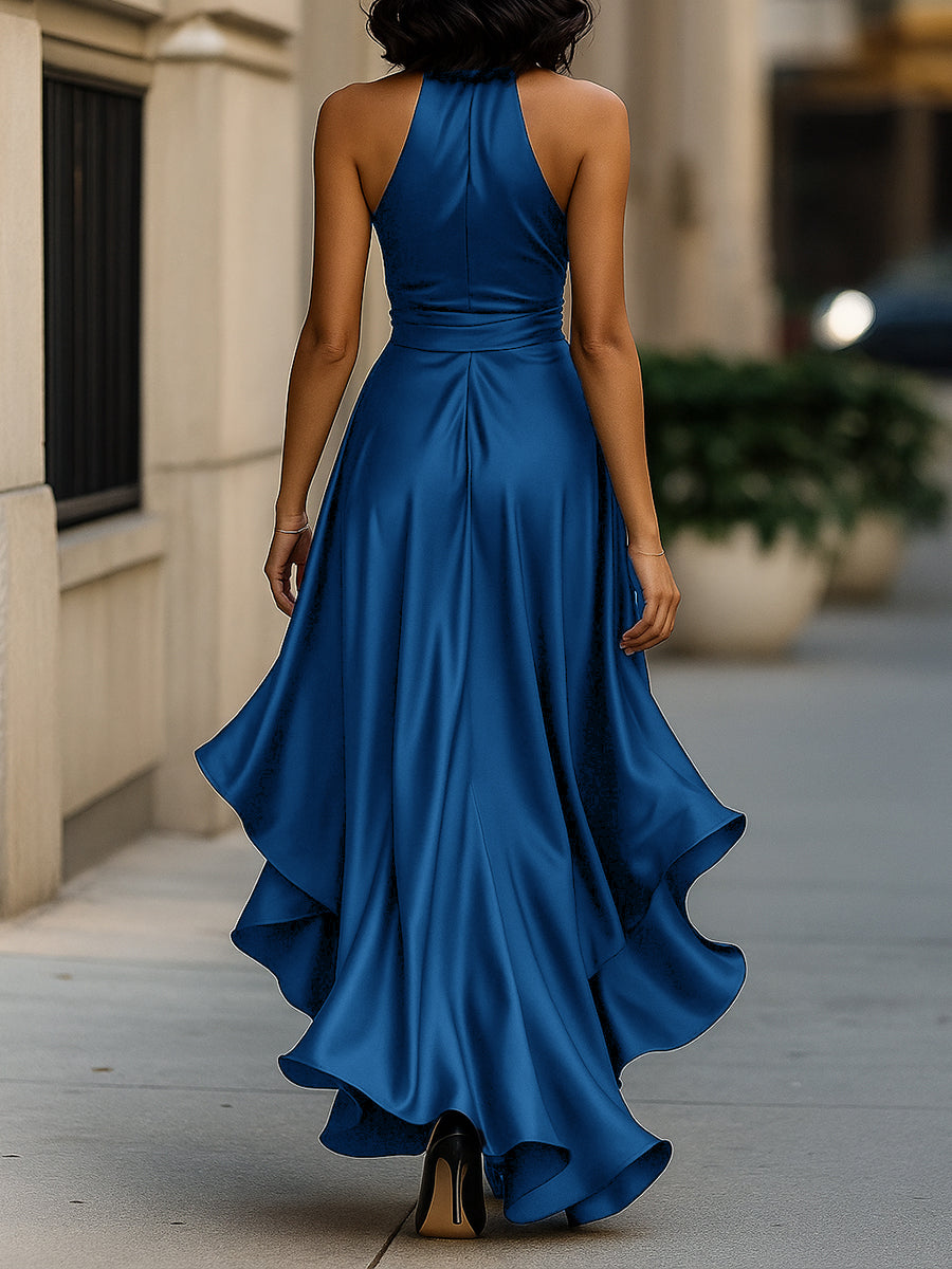 Gloria | Vestido Largo de Satén con Escote Halter y Volantes