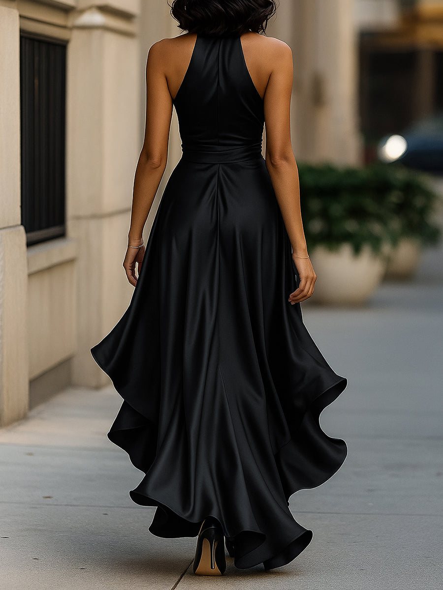 Gloria | Vestido Largo de Satén con Escote Halter y Volantes