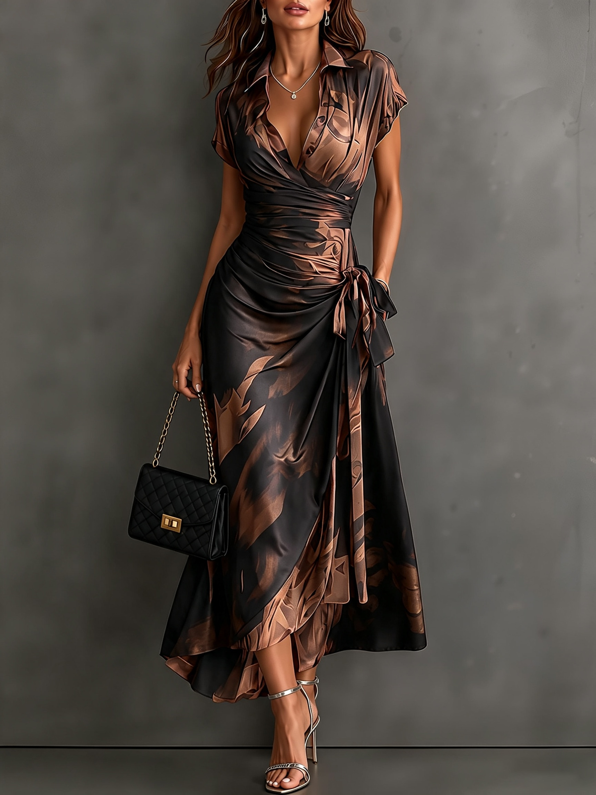 ÁGATA | Robe midi croisée à imprimé abstrait marron et noir