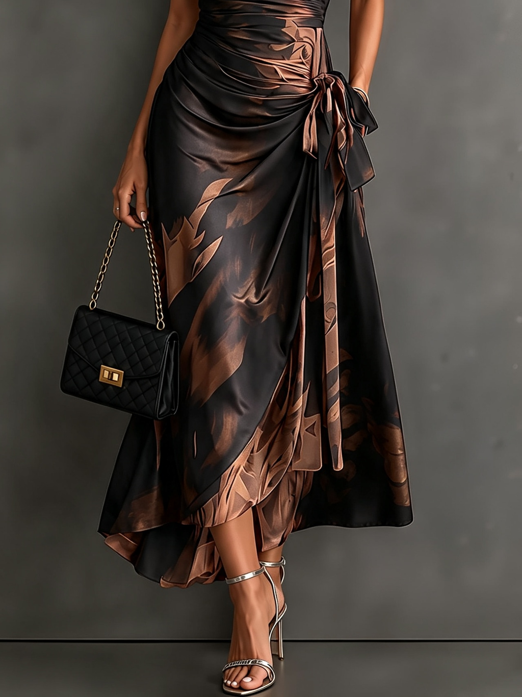 ÁGATA | Robe midi croisée à imprimé abstrait marron et noir