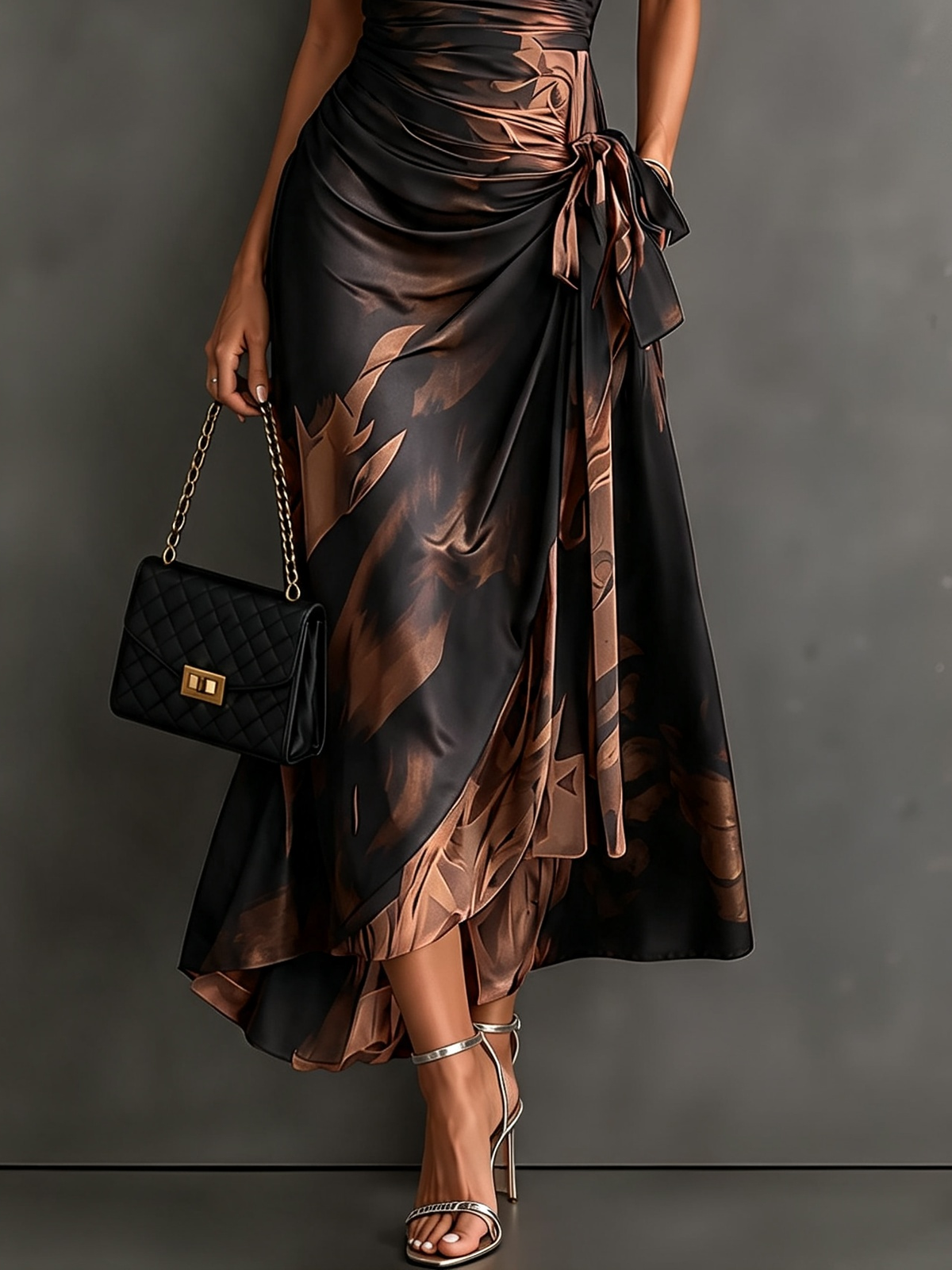 ÁGATA | Robe midi croisée à imprimé abstrait marron et noir