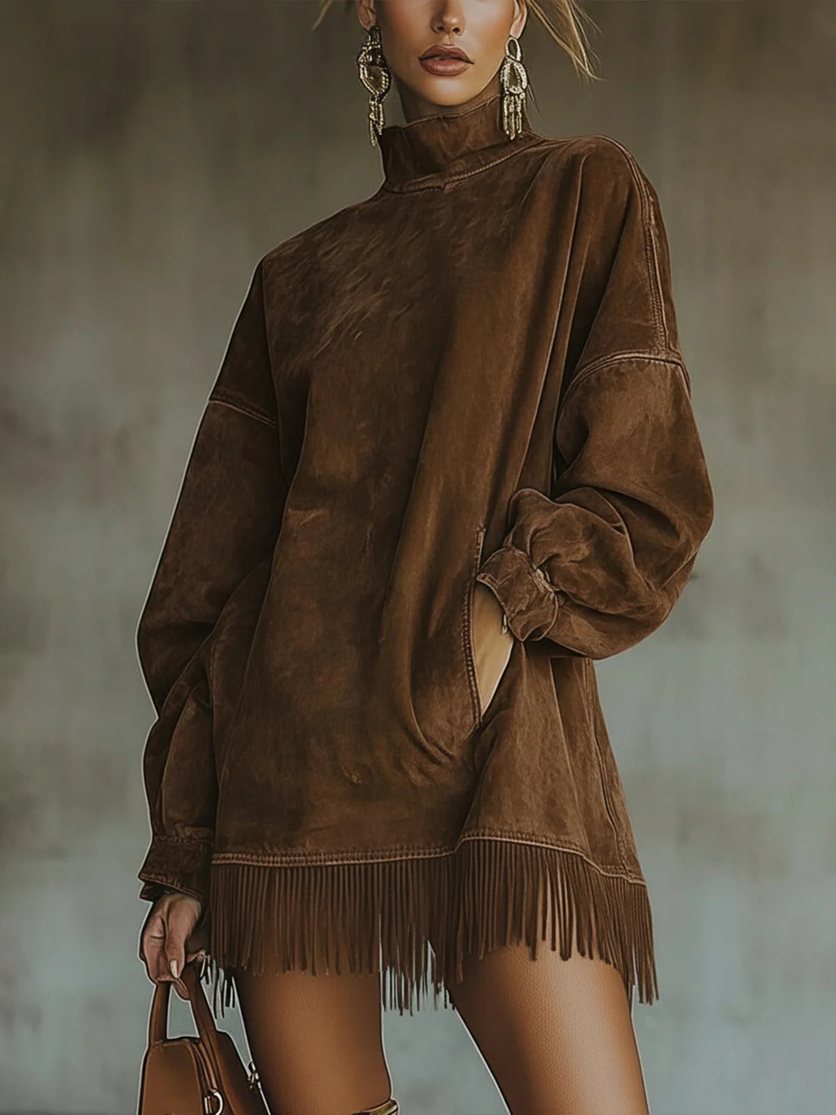 GABRIELLE | Robe effet daim à col montant et franges