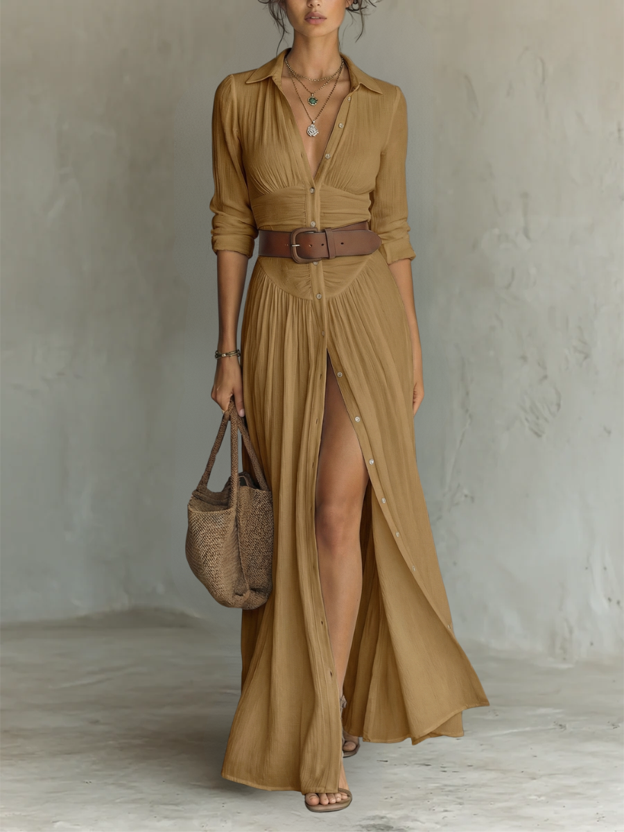 LIRIA | Robe maxi en lin et coton à col tailleur