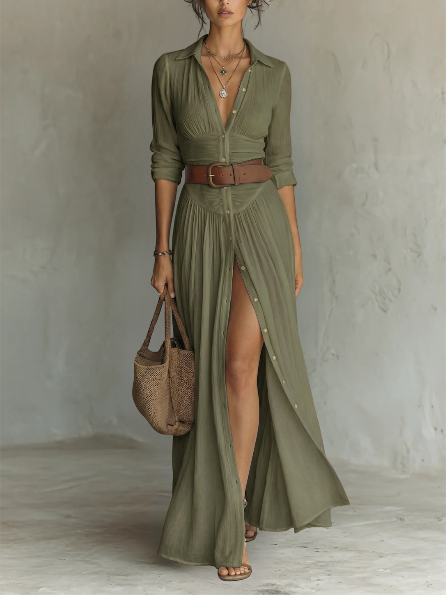LIRIA | Robe maxi en lin et coton à col tailleur