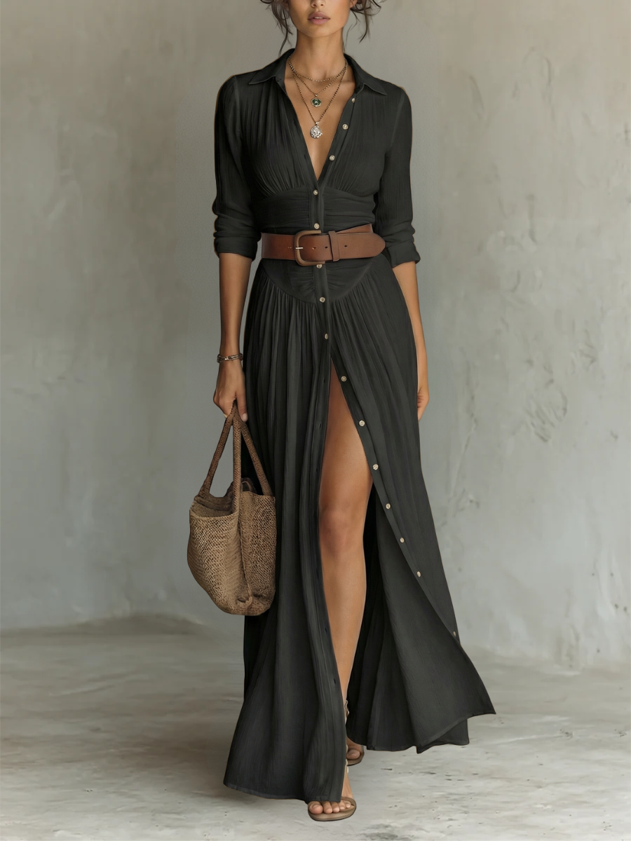 LIRIA | Robe maxi en lin et coton à col tailleur
