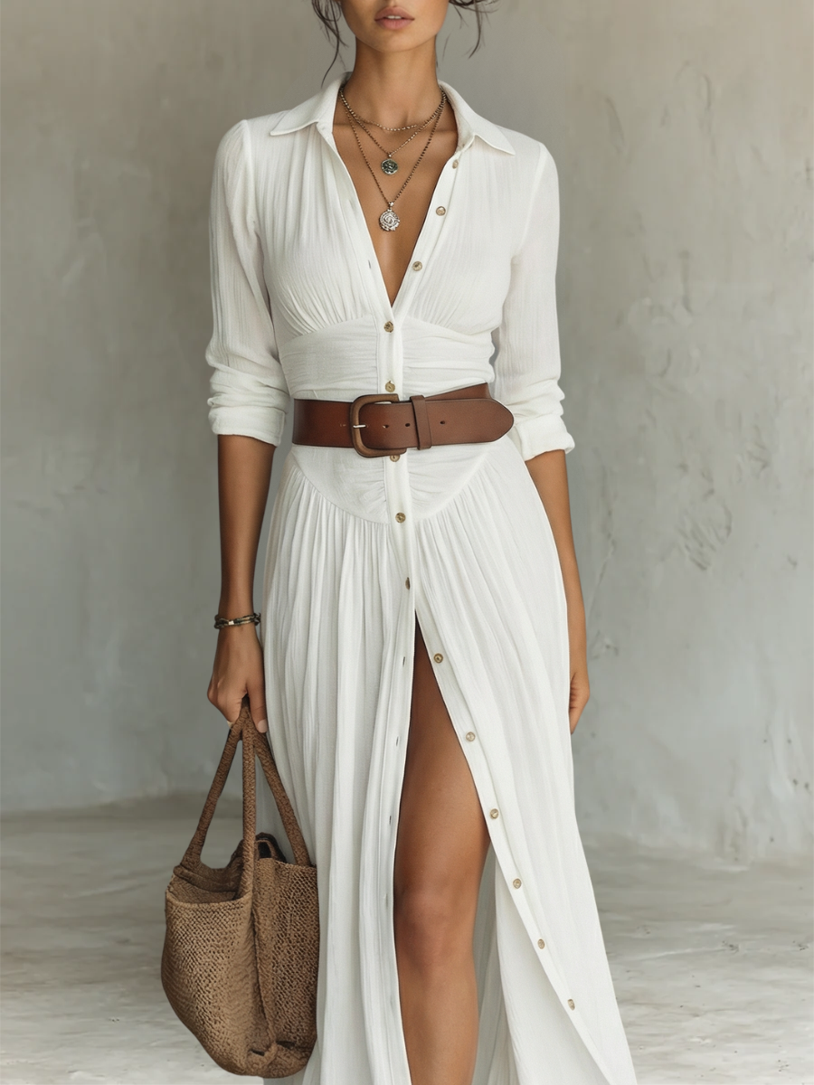 LIRIA | Robe maxi en lin et coton à col tailleur