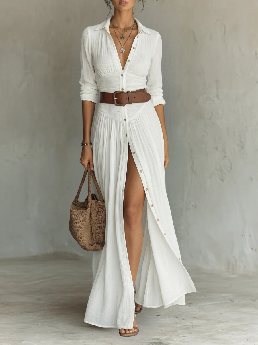 LIRIA | Robe maxi en lin et coton à col tailleur