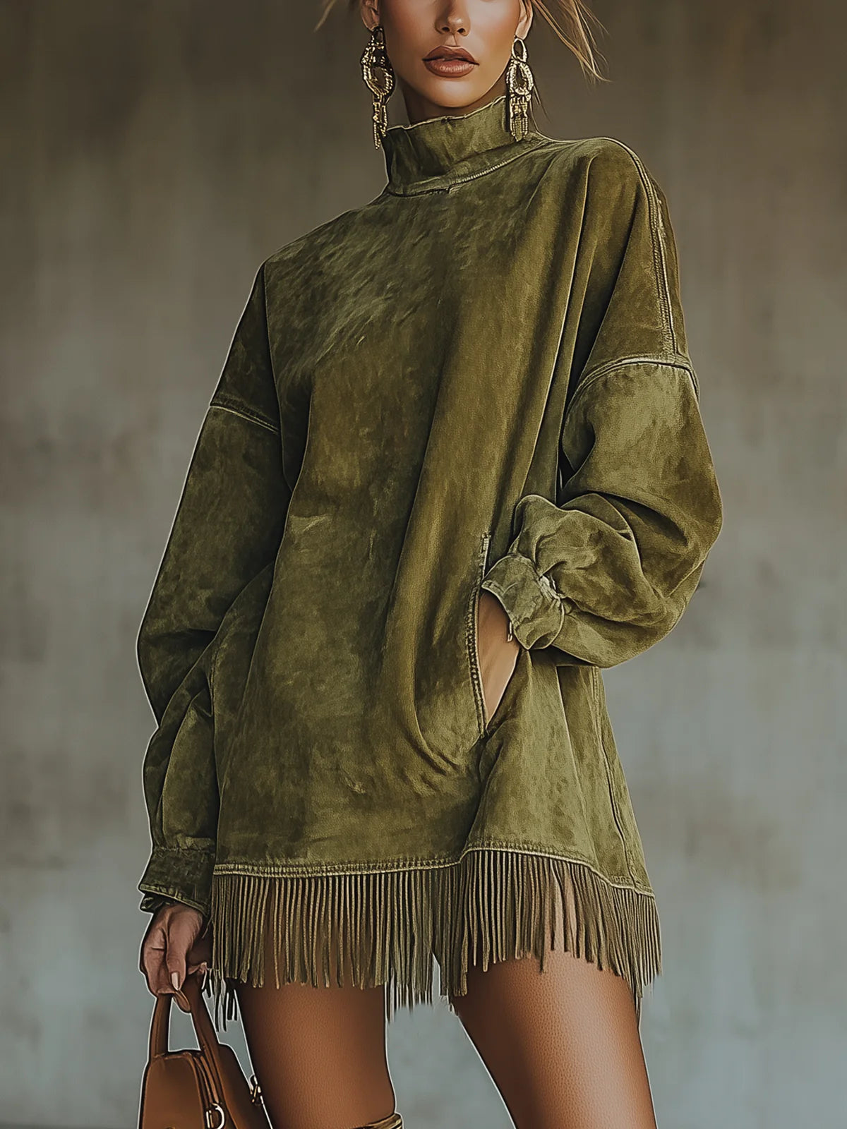 GABRIELLE | Robe effet daim à col montant et franges