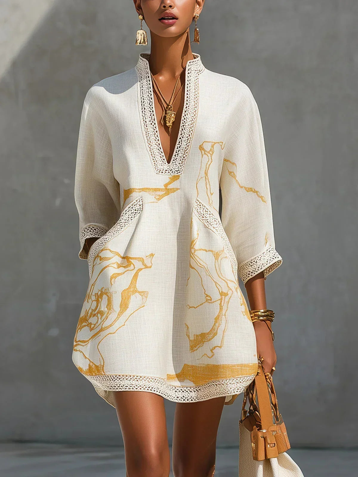 DONATELLA | Minirobe à imprimé marbre doré et dentelle crochet