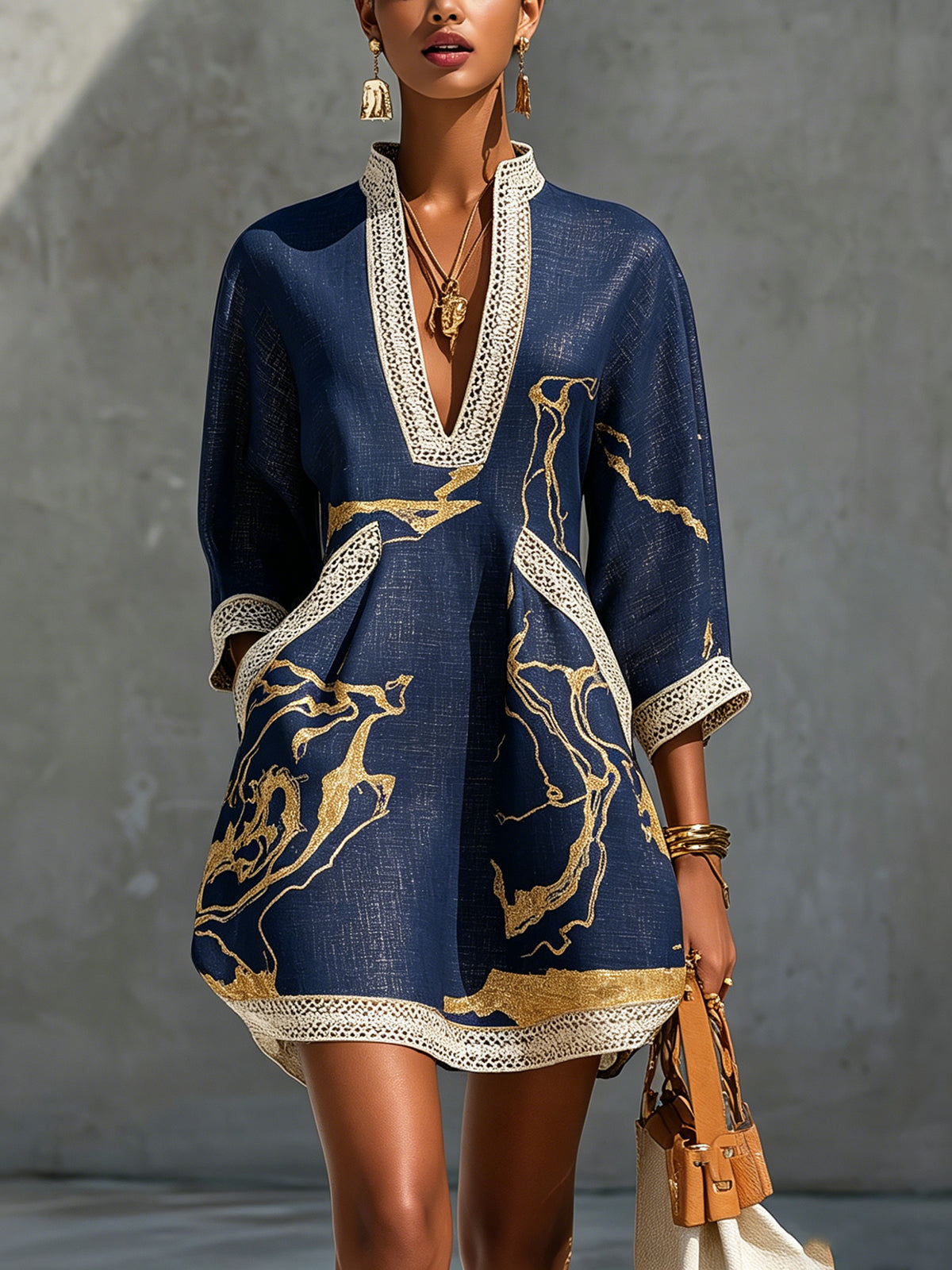 DONATELLA | Minirobe à imprimé marbre doré et dentelle crochet