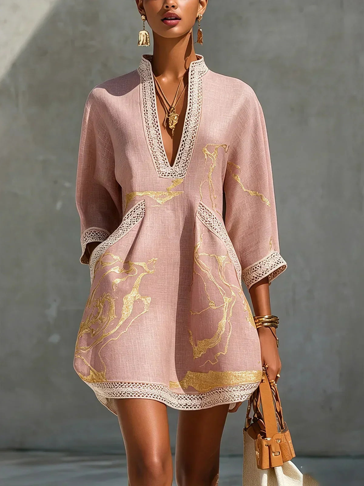 DONATELLA | Minirobe à imprimé marbre doré et dentelle crochet