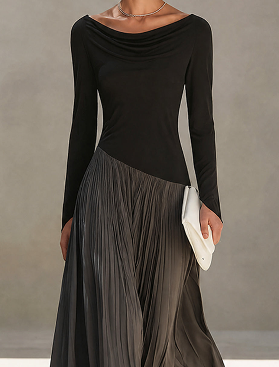 MARINA | Robe maxi plissée à col drapé bicolore noir et gris