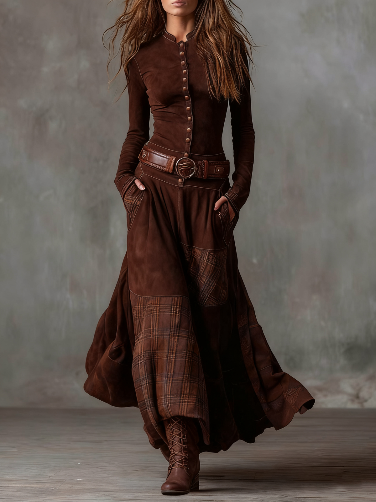 ÉLISE | Robe longue effet daim avec ceinture
