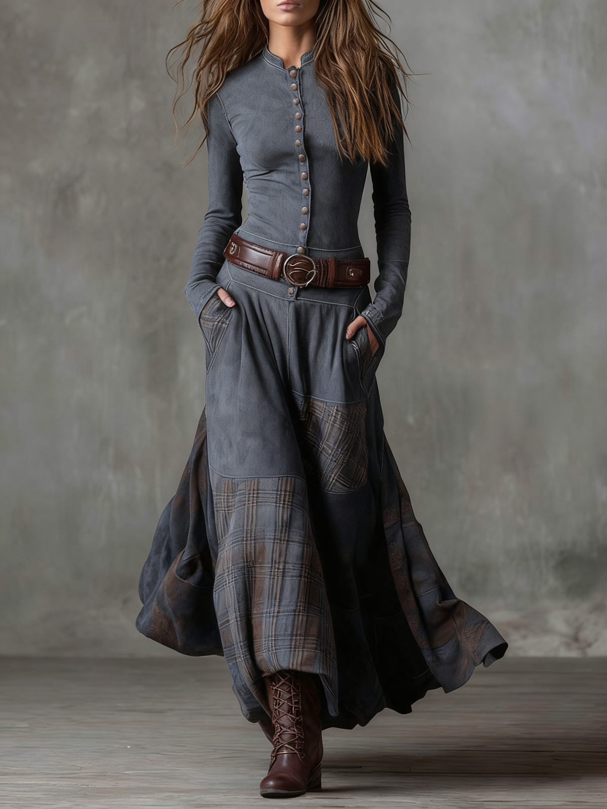 ÉLISE | Robe longue effet daim avec ceinture