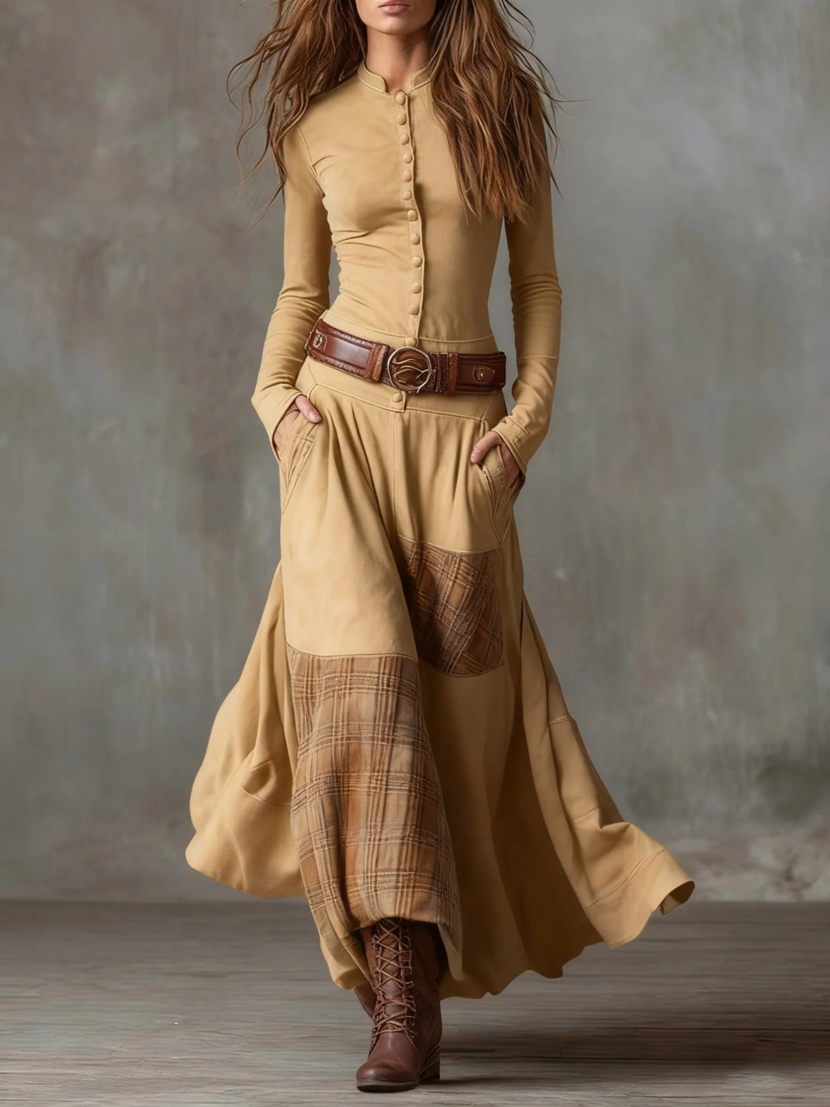 ÉLISE | Robe longue effet daim avec ceinture