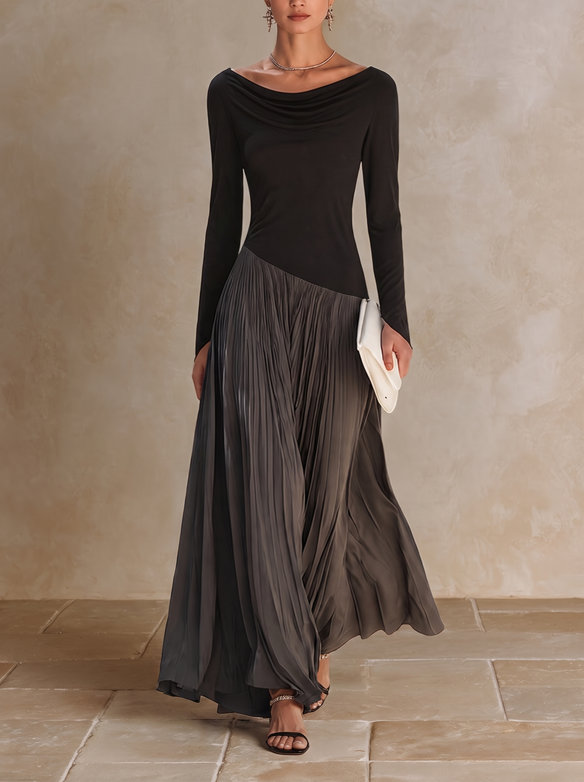 MARINA | Robe maxi plissée à col drapé bicolore noir et gris