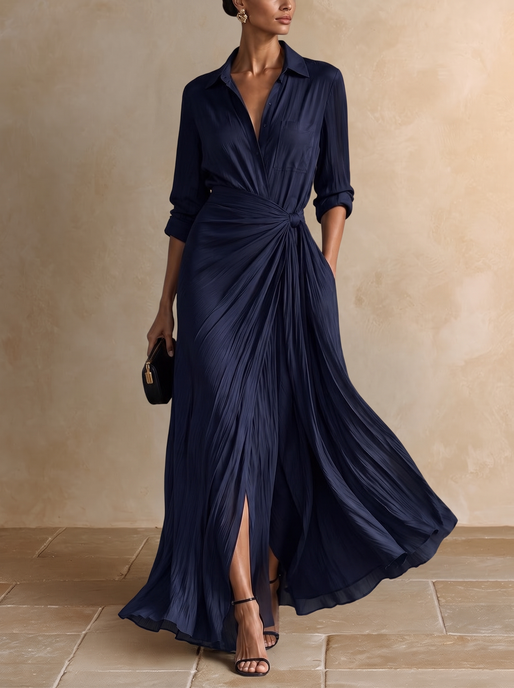 GABRIELLA | Élégante robe chemise maxi bleu marine nouée