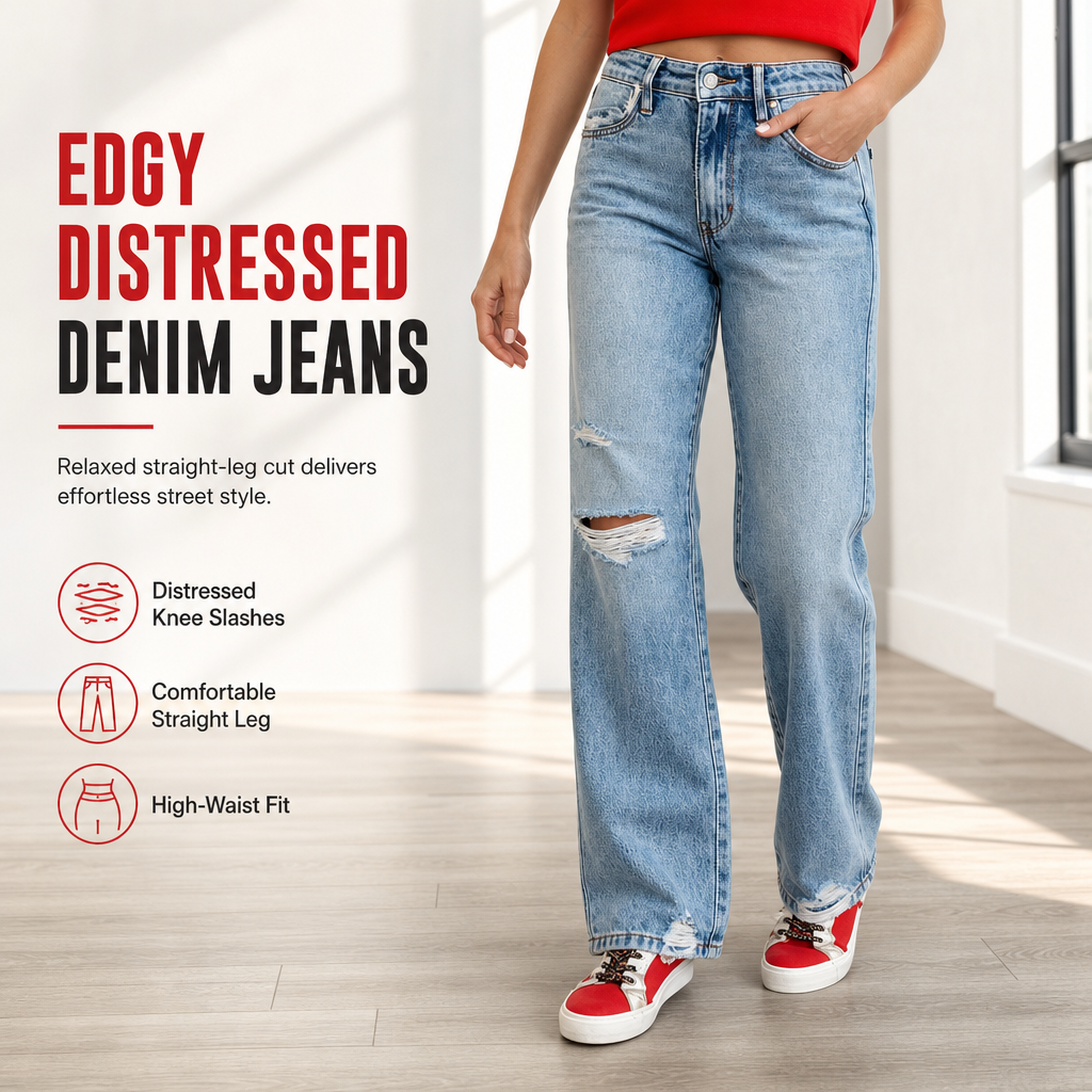 Jean en denim déchiré à taille haute et jambe large