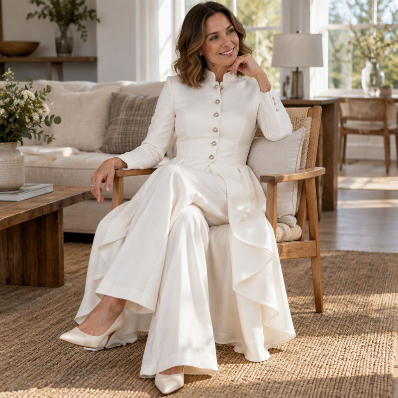 Ensemble femme élégant : manteau long et pantalon à jambes larges