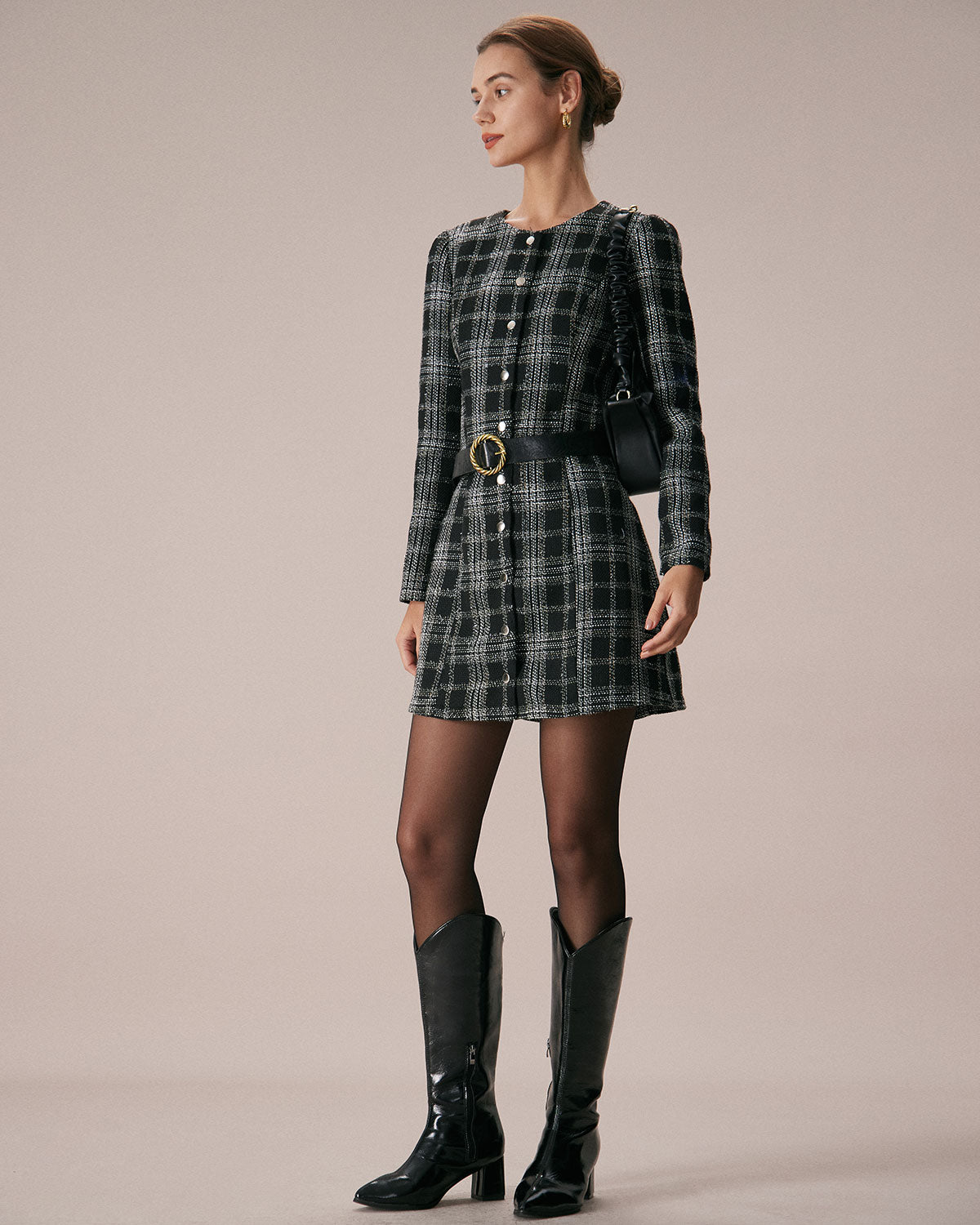 Minivestido Negro de Cuadros Cuello Redondo Línea A