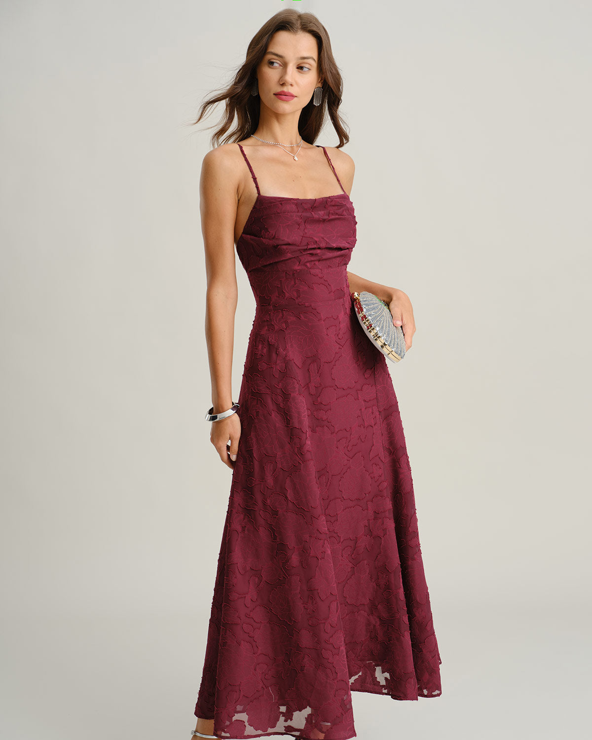 Aurora | Vestido Largo de Jacquard Burdeos Mujer Escote Cuadrado Espalda Cruzada