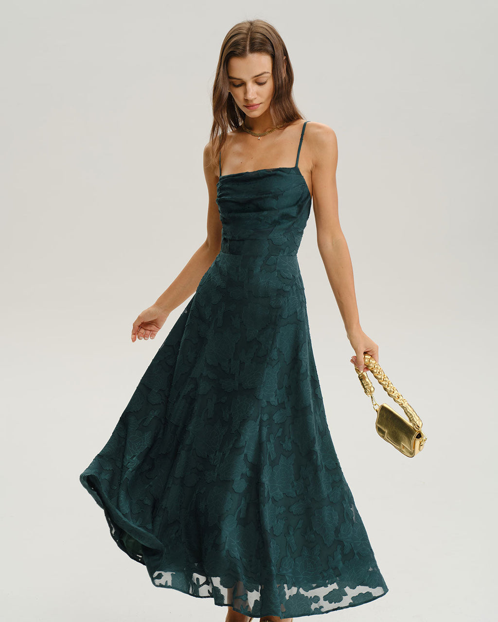 Esmeralda | Vestido Largo de Jacquard Verde Mujer Espalda Cruzada Corte A