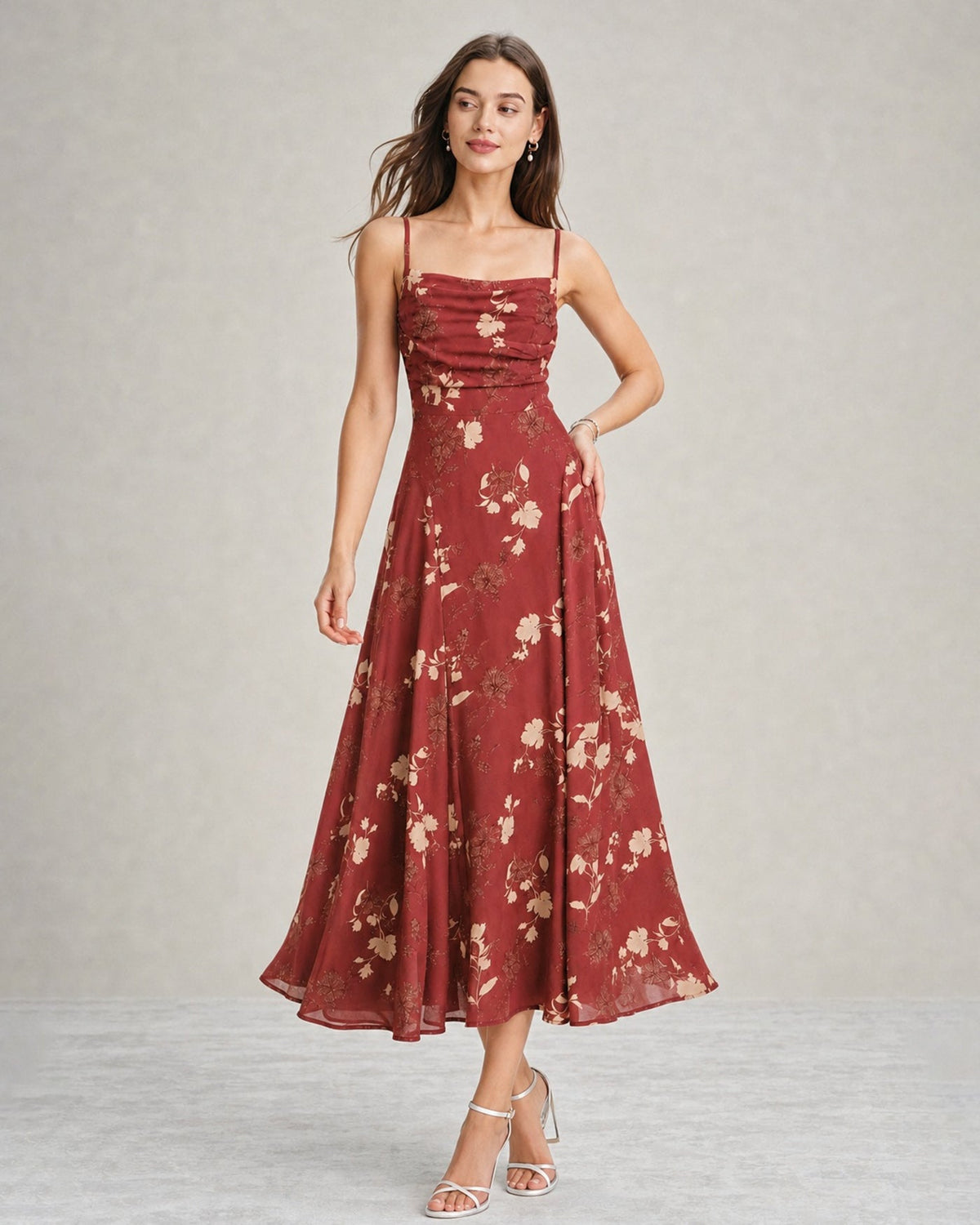 Amapola | Vestido Largo Floral Rojo Mujer Escote Cuadrado Cruzado